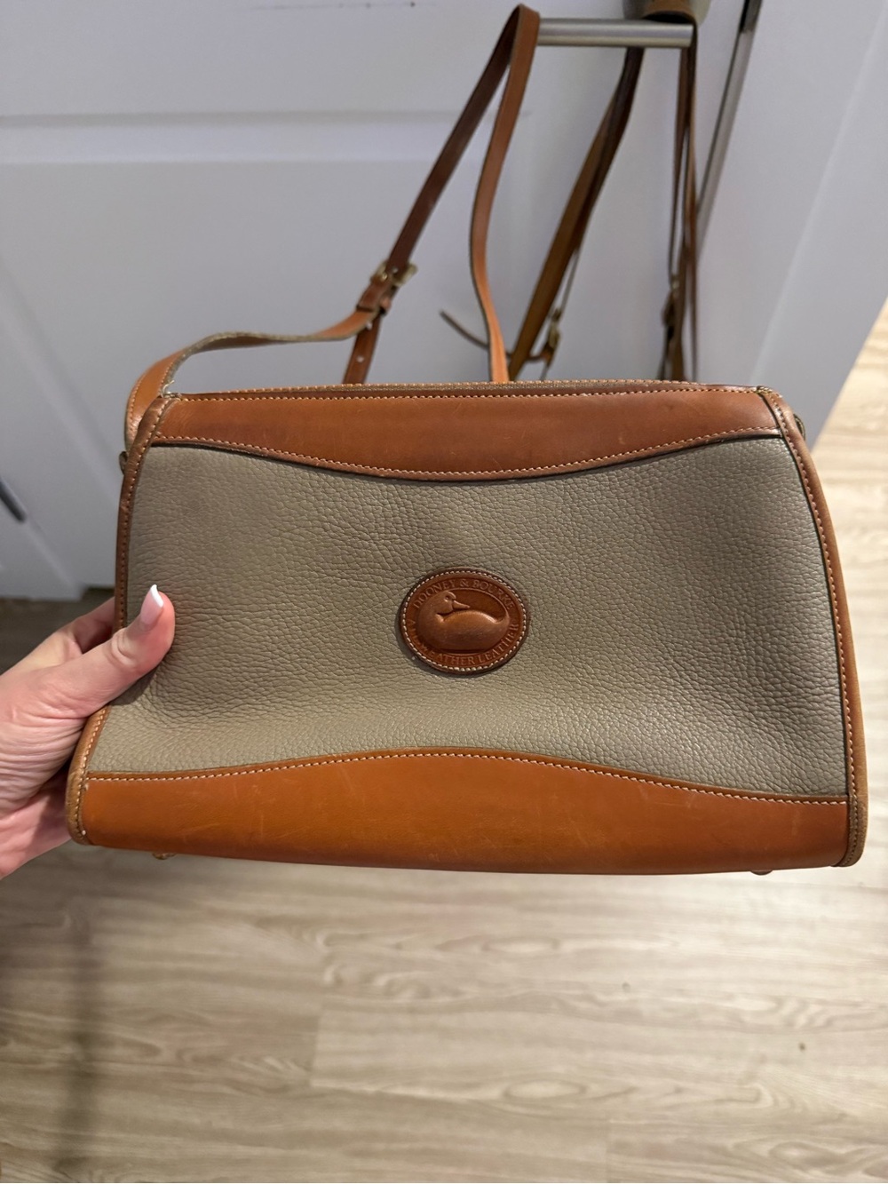 Dooney & Bourke Pebbled Taupe Body with Tan Leather Trim Crossbody
